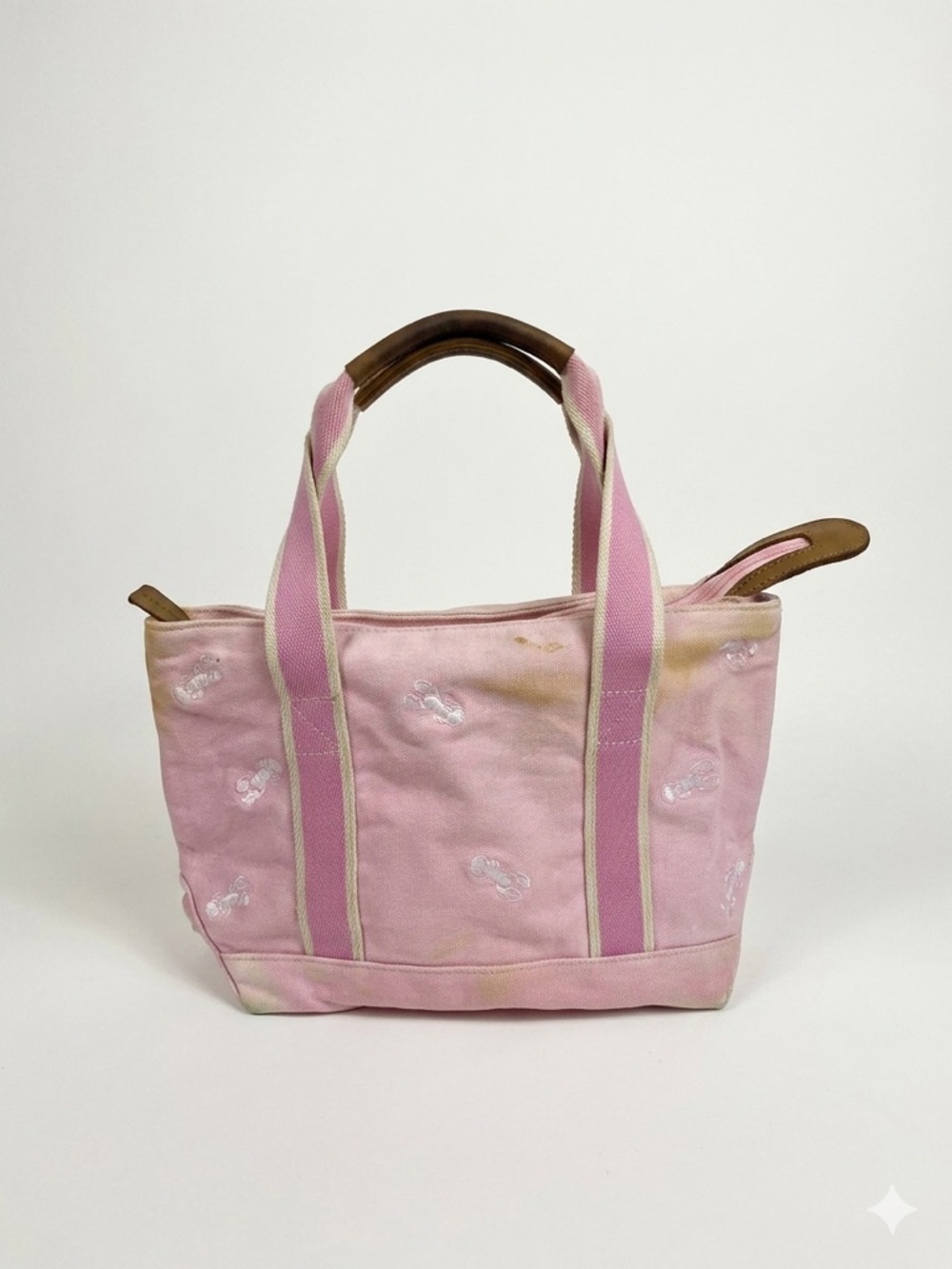 L.L. Bean Vintage Pink Canvas Lobster Tote Bag Leather Handles Zip Top